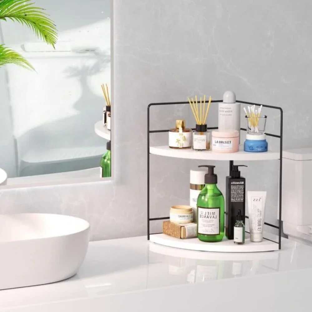 2-Tier White Bathroom Organizer, Corner Vanity & Skincare Storage for Countertop